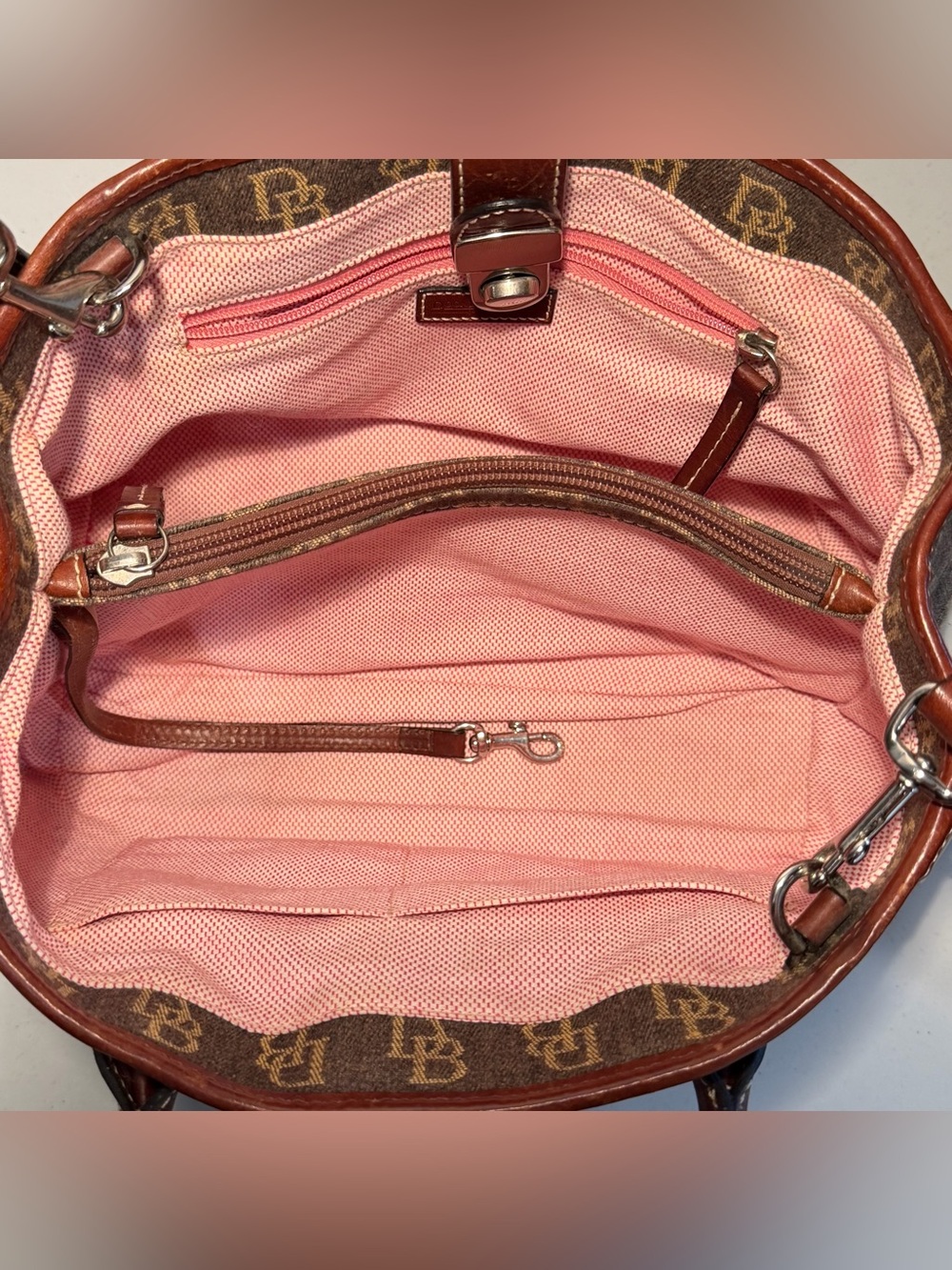 Vintage Dooney & Bourke Signature DB Monogram Satchel Bag - Brown & Oxblood - Picture 9 of 13